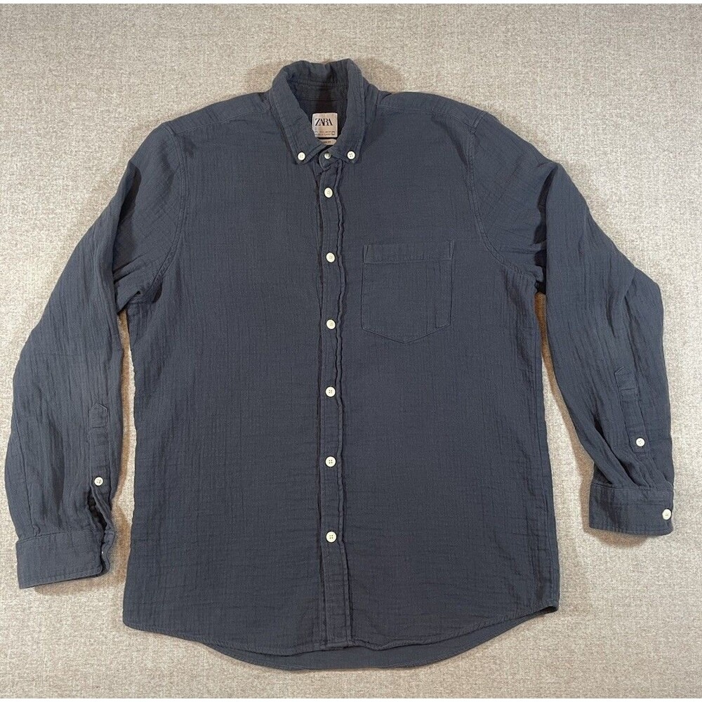 ZARA Relaxed Fit Charcoal Gray Button Up Shirt Long Sleeve Men’s Size L Large